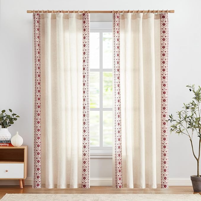 jinchan Floral Linen Curtains Embroidered Back Tab 50x84in 2 Panels Red | Light - Image 3