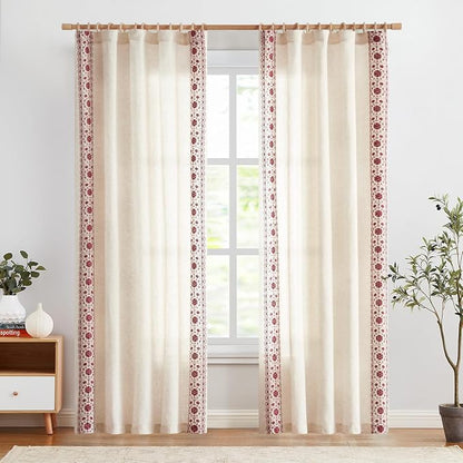jinchan Floral Linen Curtains Embroidered Back Tab 50x84in 2 Panels Red | Light - Image 3