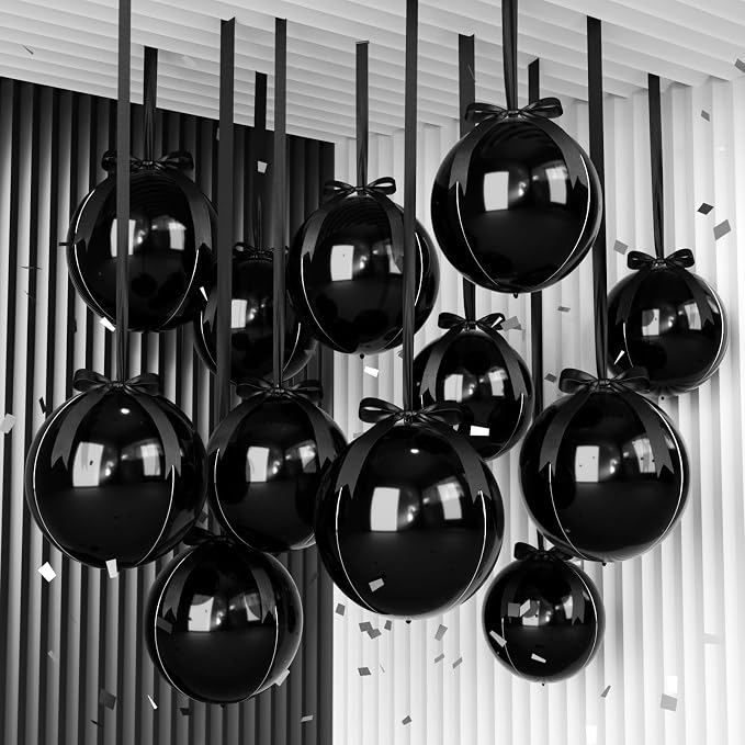 Black Round Foil Balloons with Satin Bows and Ribbon by FunHot