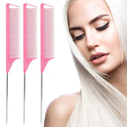 Rat Tail Comb Hair Clips Set: 3Pcs Rat Tail Combs, Hair Styling Combs for Women and 7 Professional Sectioning Hair Clips (Pink)
