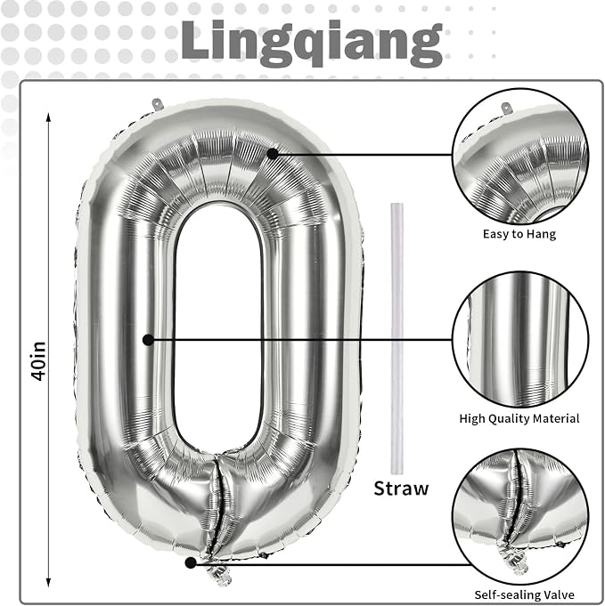 40 Inch Silver Foil Balloon Number 0, Giant Self Inflating Number Balloons 0-9 - Image 2