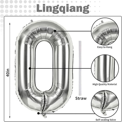 40 Inch Silver Foil Balloon Number 0, Giant Self Inflating Number Balloons 0-9 - Image 2