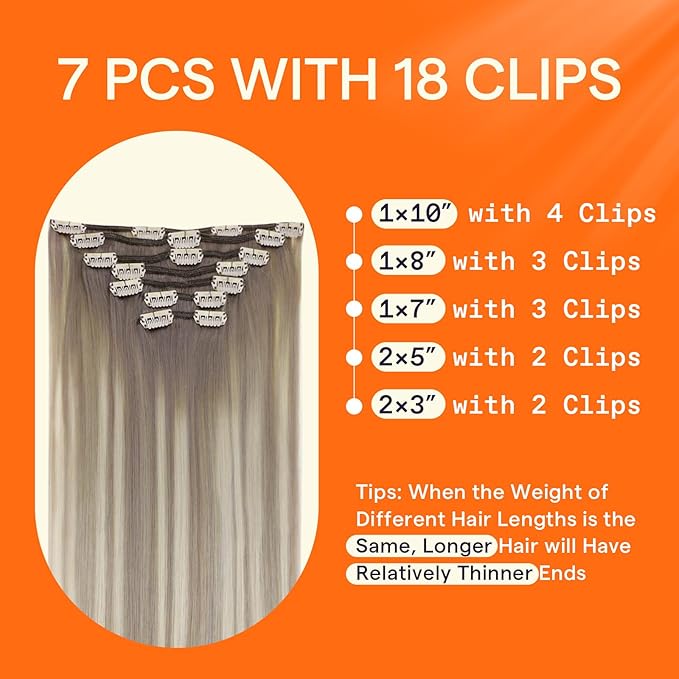 Full Shine Clip on Hair Extensions Human Hair 16 Inch Balayage Grey to Platinum Blonde Clip in Extensions for Women Grey Blonde Hair Extensions 7 Pcs 120 G