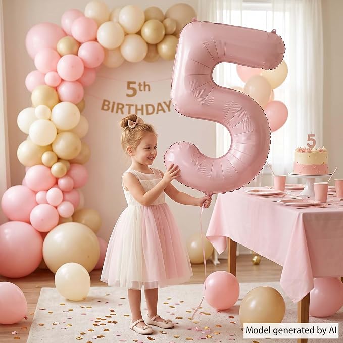 Baby Pink Number 5 Balloon 40 Inch, Pastel Foil Milestone Party Supplies | Soft - Image 2