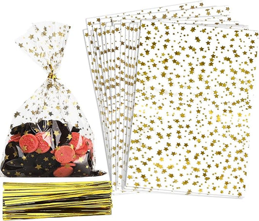 100 Pcs Star Printed 3"X 5"（7.5X12.7cm) Gift Wrap Cello Cellophane Treat Bags by COQOFA