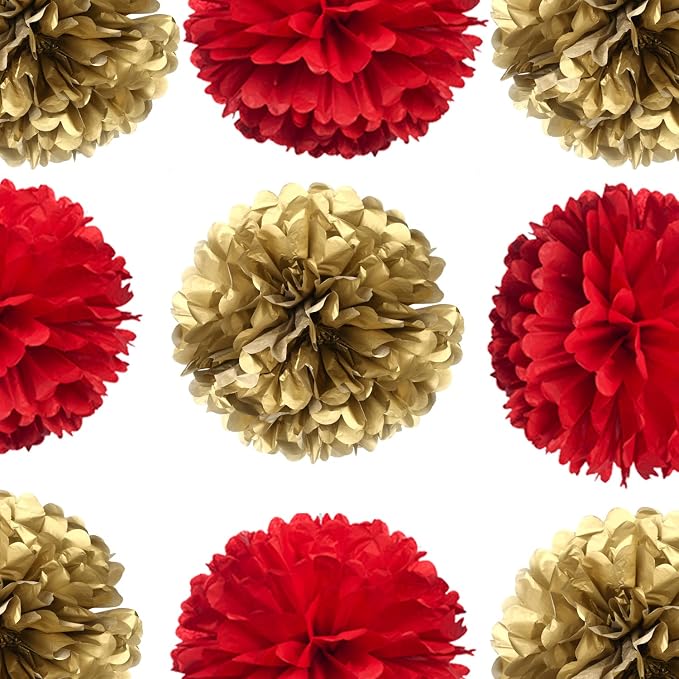 14" Red and Gold Tissue Pom Poms Kit DIY Decorative Paper Flowers Ball - Image 3