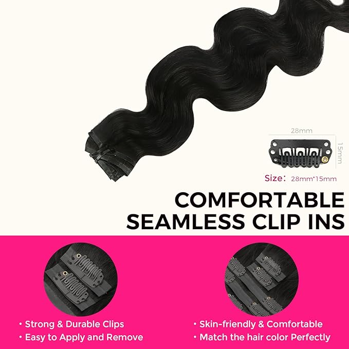 Lashey Seamless Clip in Hair Extensions Human Hair Body Wave 150g 9pcs Natural Black 24 Inch Clip in Hair Extensions Human Hair PU Clip ins with Invise Edge for Women