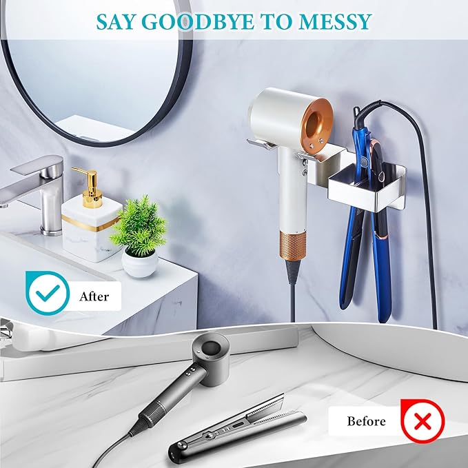 Hair Dryer Holder, Hair Straightener Holder Wall Mount, Hair Tool Organizer, Hairdryer and Straightener Holders, Adhesive Hair Tool Storage for Blow Dryer, Curling Iron, Flat Iron Stand (Silver)