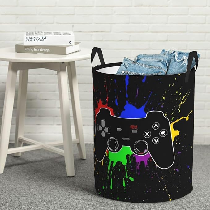 Gaming Theme Round Laundry Hamper Game Joystick Storage Basket Toys Clothes - Image 7