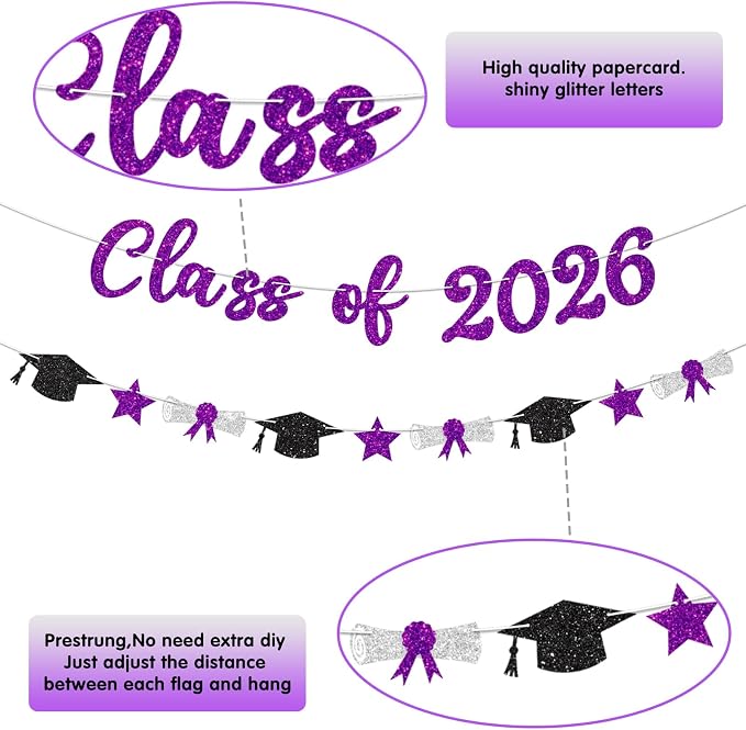 Class of 2026 Banner Purple Graduation Decorations Prestrung 2026 Graduation - Image 3