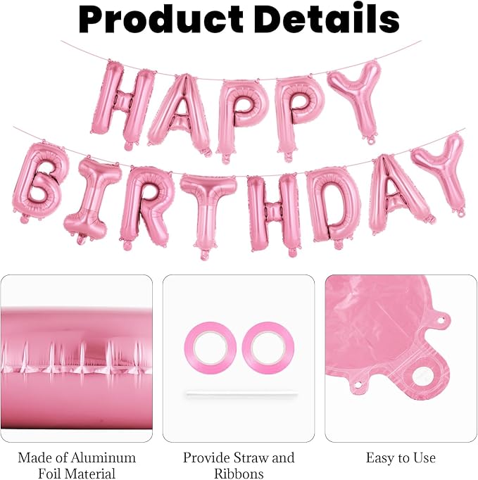 65 Pcs Pink Happy Birthday Balloons, 2 Sets A-Z Pink Letters Foil Balloons - Image 5
