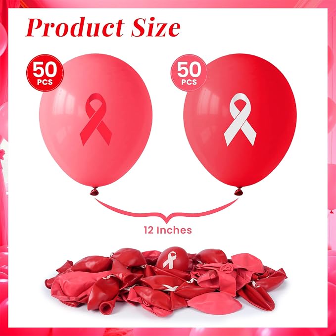 100 Pcs Red Ribbon Awareness Balloons 12 Inch Latex Red White Printed Balloon - Image 2