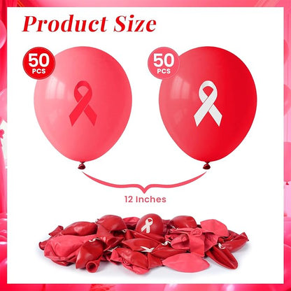 100 Pcs Red Ribbon Awareness Balloons 12 Inch Latex Red White Printed Balloon - Image 2