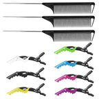 Rat Tail Comb Hair Clips Set: 3Pcs Rat Tail Combs, Hair Styling Combs for Women and 7 Professional Sectioning Hair Clips (Black)