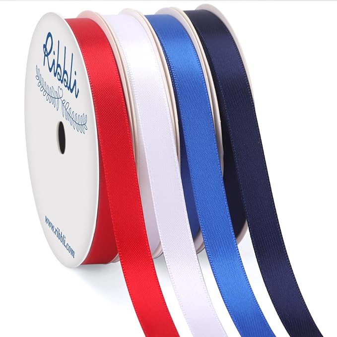 Ribbli Red White Blue Satin Patriotic Ribbon 3/8 Inch x 4 Rolls Total 40 by Ribbli