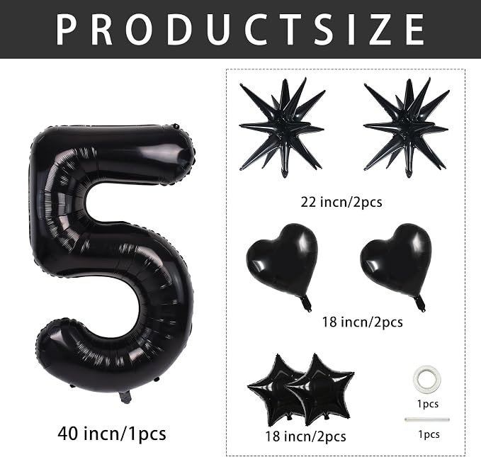 TONIFUL 5th Birthday Balloons Kit 40 Inch Black Large Number 5 Foil Balloon | - Image 2