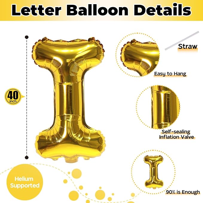Gold Letter Balloons, 40 Inch Alphabet Name Mylar Self Inflating Custom I Decor - Image 2