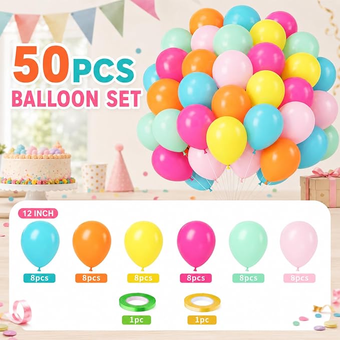 Rainbow Balloons, 12 Inch 50pcs Multicolor Rainbow Balloon Teal Blue Green - Image 3
