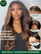 KLAIYI Pre Everything 13x4 Glueless Wig Ombre Brown Body Wave Pre Cut Lace Front Wigs Human Hair Pre Plucked Pre Bleached Wear and Go Wig with Dark Roots 12A Highlight Balayage 3S Ready To Wear 26Inch