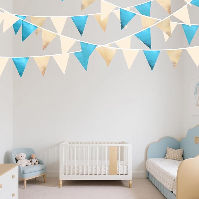 Champagne Gold Sky Blue Beige Decorations Metallic Fabric Triangle Pennant - Image 6
