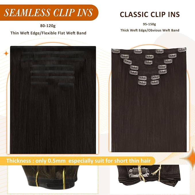 Full Shine Clip in Hair Extensions Dark Brown Seamless Hair Extensions Clip in PU Weft Real Human Hair Brown Natural Silky Hair for Women Add Volume 16 Inch 120 G 8 Pcs