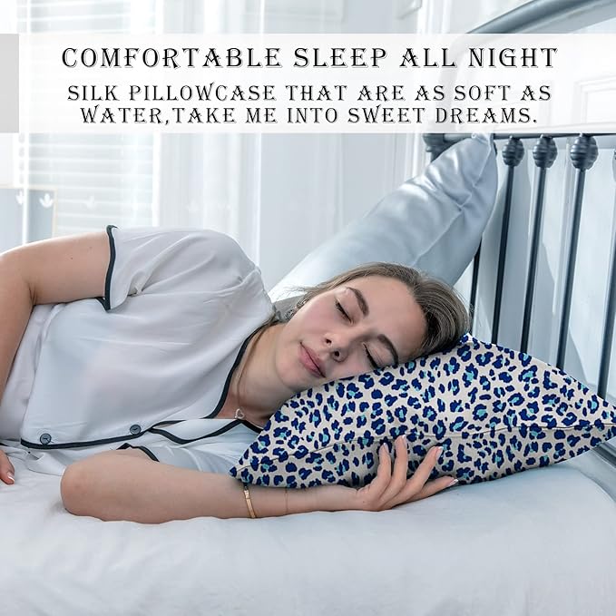 Mulberry Silk Pillowcase for Hair and Skin King Size Leopard Print Silk Pillow Cases with Zipper Soft Breathable Smooth Cooling Silk Pillow Covers for Sleeping (Blue Leopard,20"X 36",1Pcs)