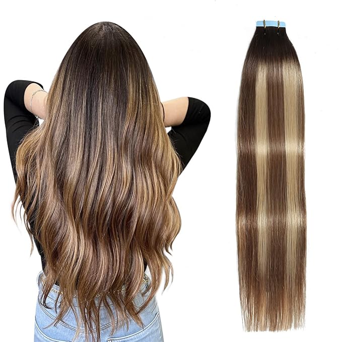 SUYYA Tape in Hair Extensions Human Hair Balayage Darkest Brown to Chestnut Brown and Light Blonde 20 Inch 50g/pack 20pcs Straight Seamless Skin Weft Tape in Real Hair Extensions(20inch #P6/16/T2)