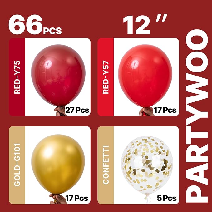 PartyWoo Red and Gold Balloons 66pcs Matte Red Metallic Gold Balloons | - Image 2