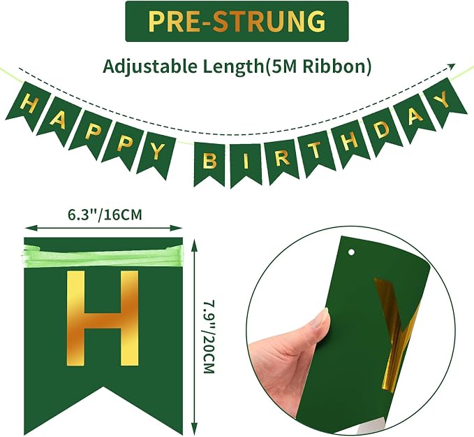 Green Happy Birthday Banner, Dark Green and Gold Party Decorations Sigh - Image 2
