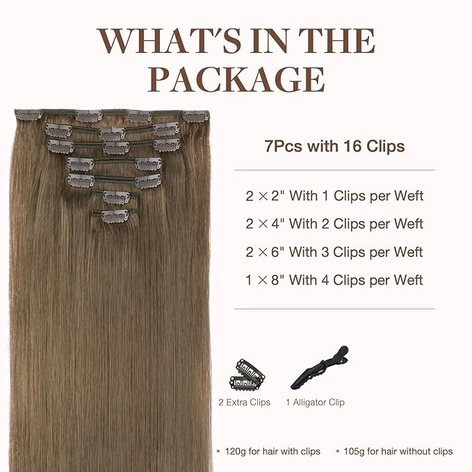 GOO GOO Clip in Hair Extensions Real Human Hair, Remy Human Hair Extensions Clip ins for Women, Natural Human Hair, 22inch 120g 7Pcs, 5 Light Ash Brown