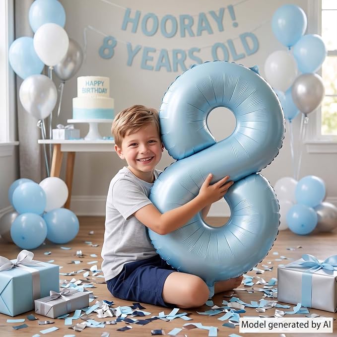 Baby Blue Number 8 Balloon 40 Inch, Sky Pastel Foil Numeral Party Supplies | - Image 6