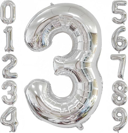 Silver 3 Balloon, 40 Inch Number 3 Balloon, 3 Birthday Balloon Decorations by BBPOOL