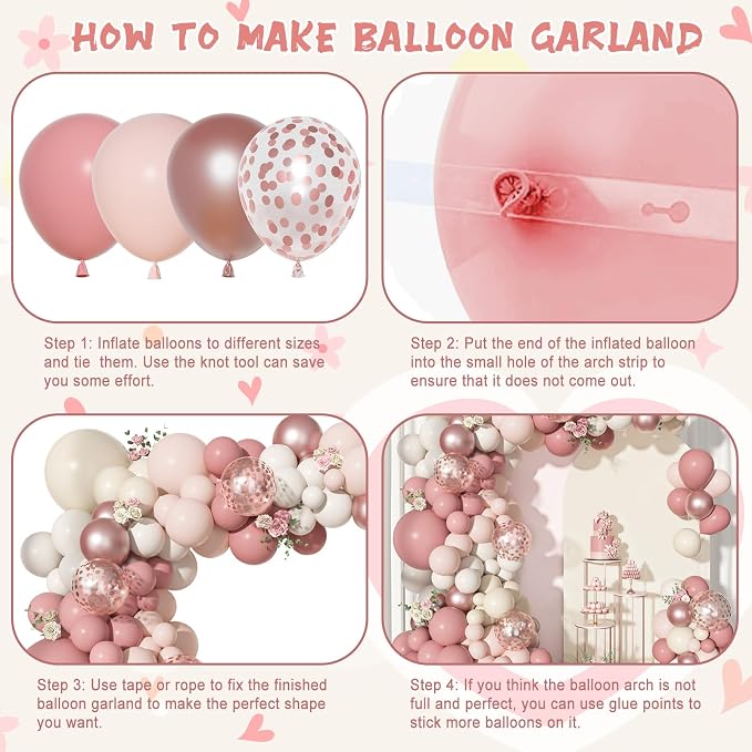 156Pcs Boho Blush Pink Balloons Arch Garland Kit Different Size | Retro Dusty - Image 4