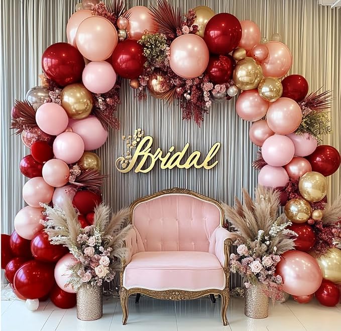Burgundy Pink Balloon Arch Kit, Double Stuffed Ruby Red Pearl Pink Gold Balloon - Image 2