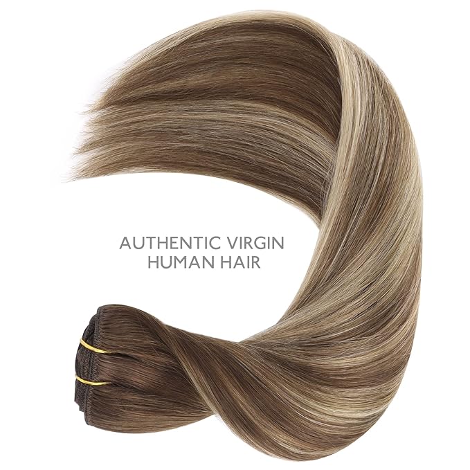 WENNALIFE Clip in Hair Extensions Real Human Hair, 22 Inch 120g 7pcs Balayage Chocolate Brown to Honey Blonde Hair Extensions Clip in Human Hair Remy Clip in Hair Extensions Real Human Hair