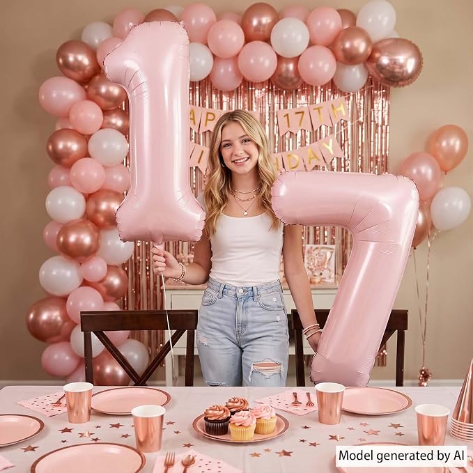 Soft Pink Number 17 Balloon 40 Inch, Pastel Foil Digits Theme Party Supplies - Image 2