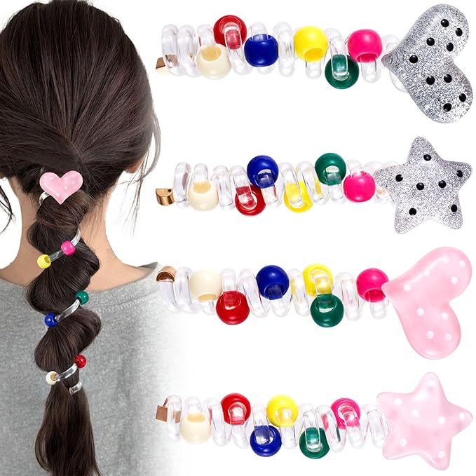 4PCS Star Heart Spiral Hair Ties with Beads, 2 Colors Star Heart Bead Phone Cord Ponytail Holders for Women, Elegant Rubber Hair Coils, Stylish Hair Accessories for Party, Daily Use
