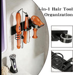 3 in 1 Wall Mounted Hair Dryer Holder, Metal Hair Dryer Stand with Organizer for Curling Iron & Styling Tools, Punch-Free & Punchable Bathroom Storage Rack