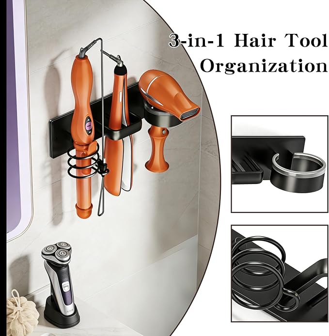3 in 1 Wall Mounted Hair Dryer Holder, Metal Hair Dryer Stand with Organizer for Curling Iron & Styling Tools, Punch-Free & Punchable Bathroom Storage Rack