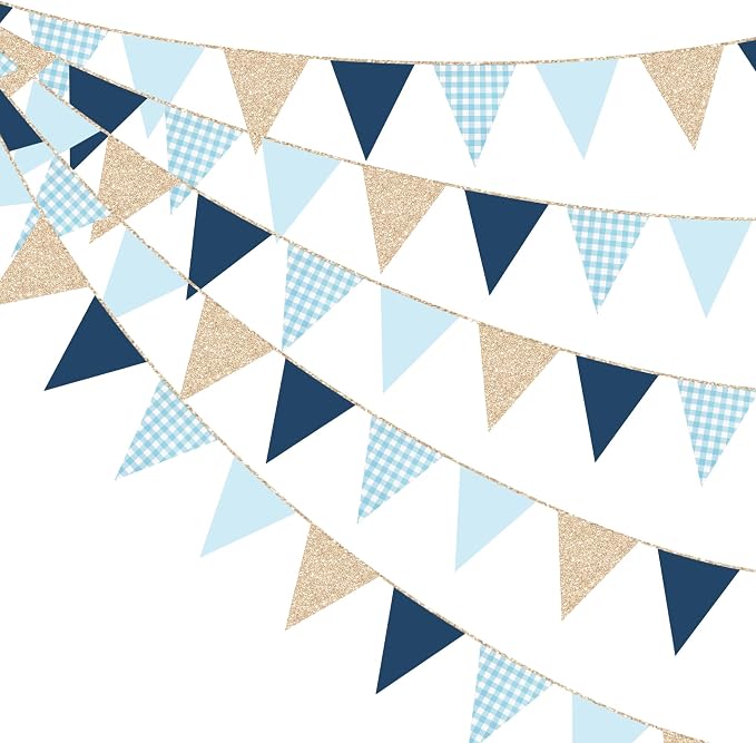 Navy Blue Champagne Gold Dusty Blue Buffalo Plaid Pennant Banner Flag Hanging by pinkblume