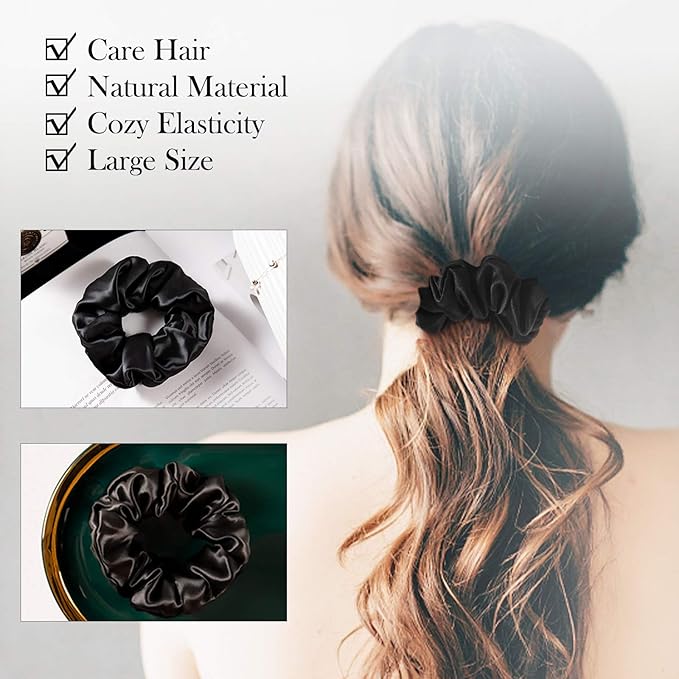 Black Silk Scrunchies for Women 100% Mulberry Silk Hair Ties for Night Sleep Scrunchies for Girls No Damage & Frizz Prevention for Hair Hair Accessories-3pack