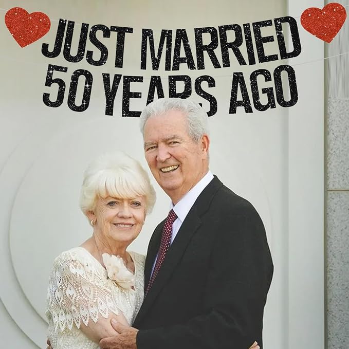Black Glitter Just Married 50 Years Ago Banner, NO DIY, Pre-Strung 50th Wedding - Image 4