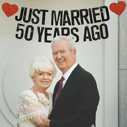 Black Glitter Just Married 50 Years Ago Banner, NO DIY, Pre-Strung 50th Wedding - Image 4