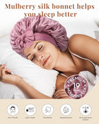 AWAYTR Silk Bonnet for Sleeping Women 100% Mulberry Silk Bonnet with Band 2 Layer Reversible Hair Bonnet Sleeping Hair Wrap (Silk, Dust rose/Pink)