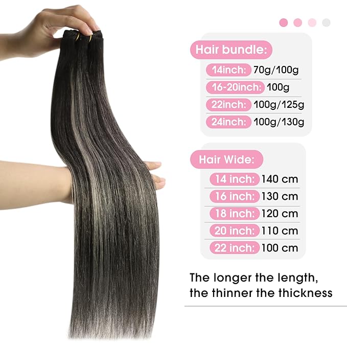 YoungSee 24 Inch Human Hair Sew in Extensions Black Balayage Double Weft Human Hair Extensions Silver Blonde Mix Natural Black Sew in Hair Extensions Remy Hair 100G