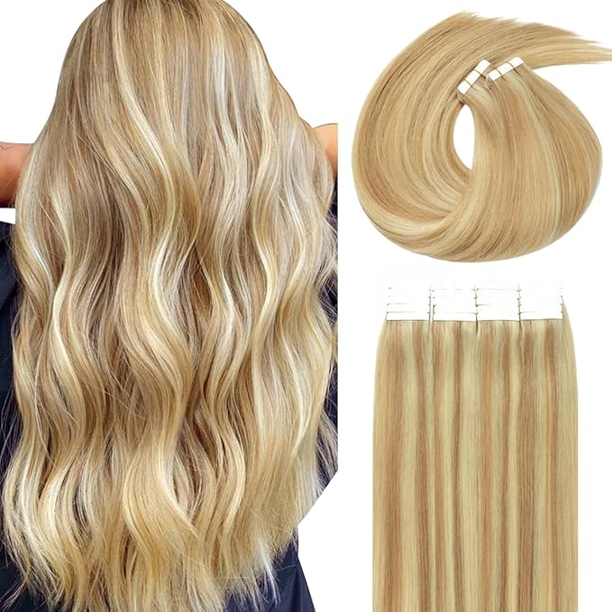 Lacer Tape in Human Hair Extensions Golden Blonde to Platinum Blonde 20 Inch 100G 40Pcs Seamless Tape in Hair Extensions Human Hair Skin Weft