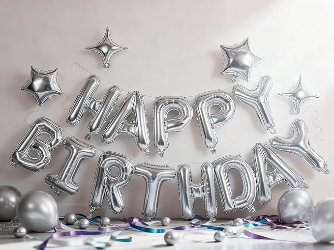 Silver Happy Birthday Banner Balloon Aluminum Foil 16 Inch Letter, 10 Inch Five - Image 5