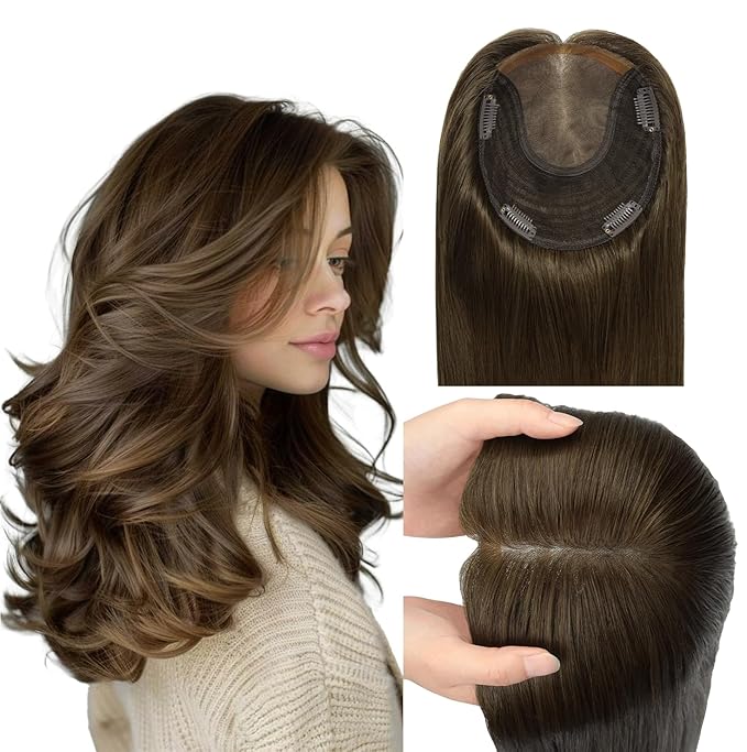 WORLDSTAR Hair Topper for Women Real Human Hair 360°3D Coverage Hairpieces Hand-stitched, No Bangs,65g,6 * 7 Inch Base,14 Inch #4 Medium Brown with Top Extension for Thinning Hair (tp#4-14)