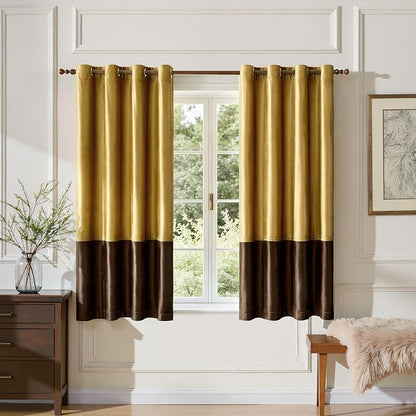 Brown Gold Velvet Blackout Curtains Luxury Decor 72 inches, Color Block | by ModernShinyVelvetCurtains
