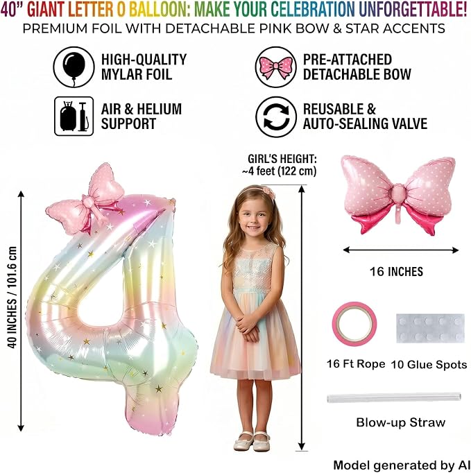 40" Giant Pastel Rainbow Number 14 Balloon Foil Pink Bow Decor Kit | - Image 2